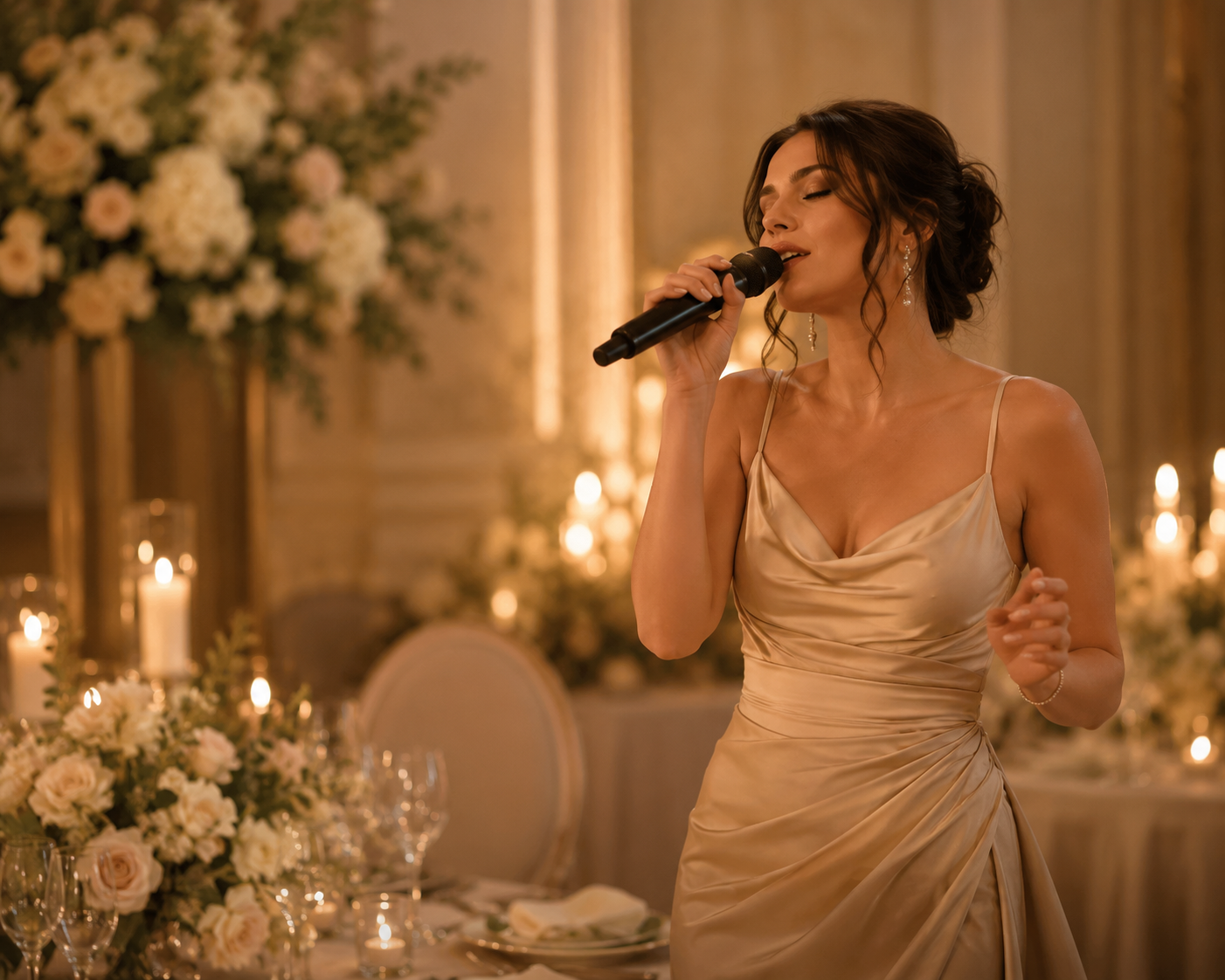 A wedding singer performing amid candles and white roses